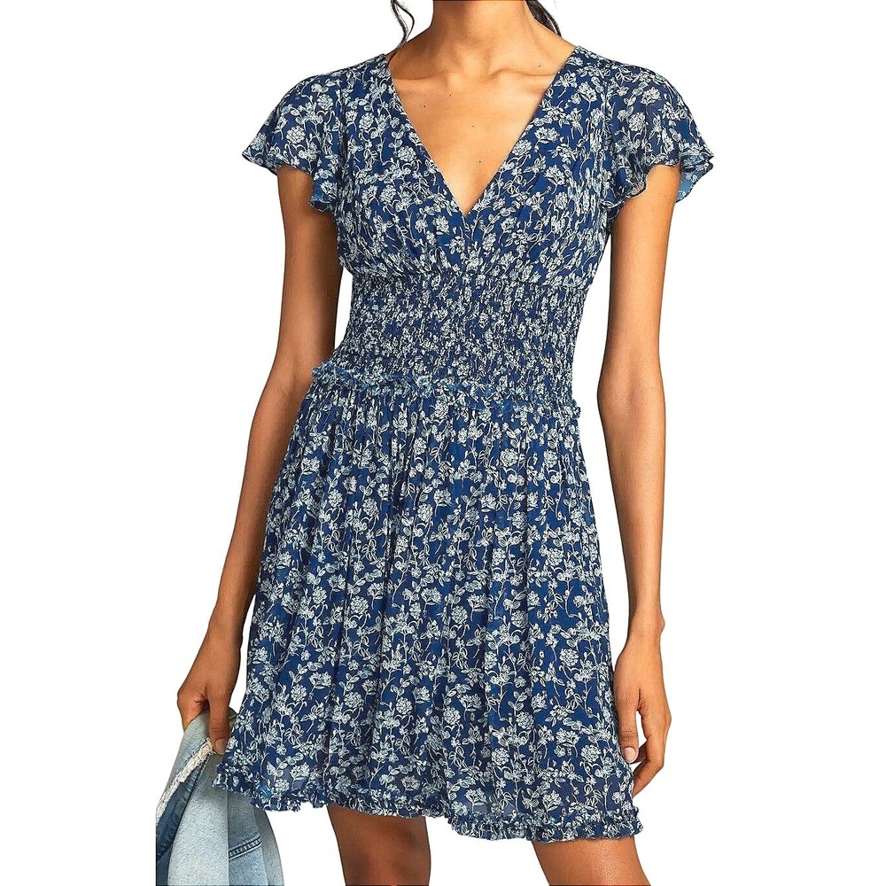 ML Monique Lhuillier Navy Blue Floral Smocked Waist Mini Dress Metallic Size 4